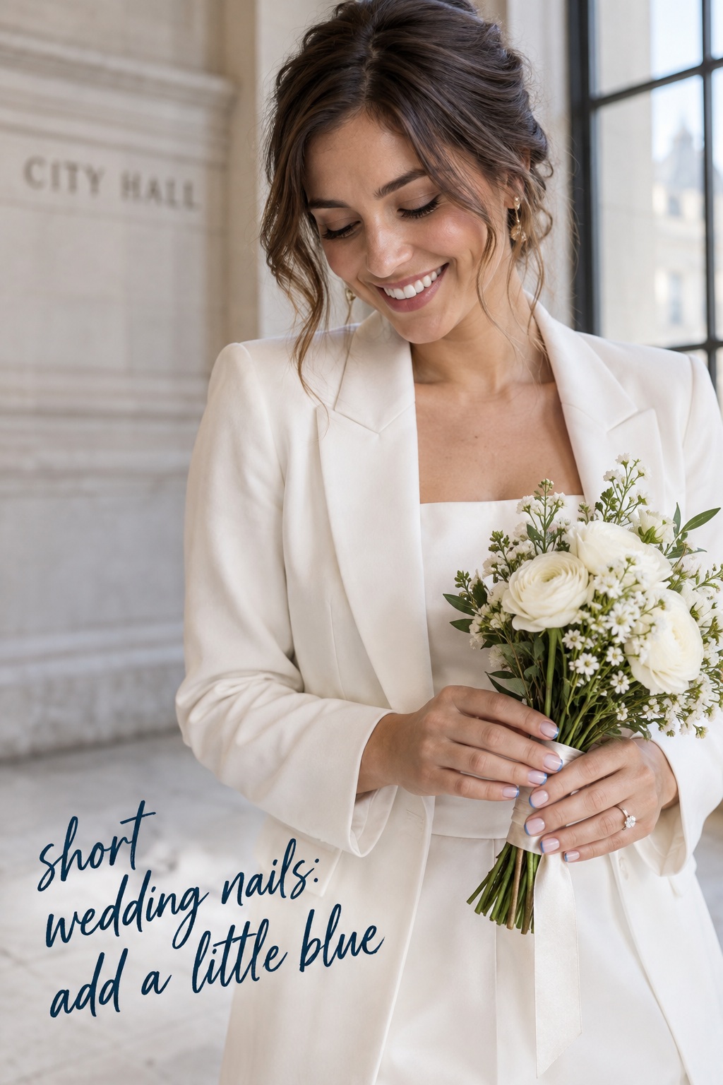 short wedding nails with soft blue tips and a bridal bouquet