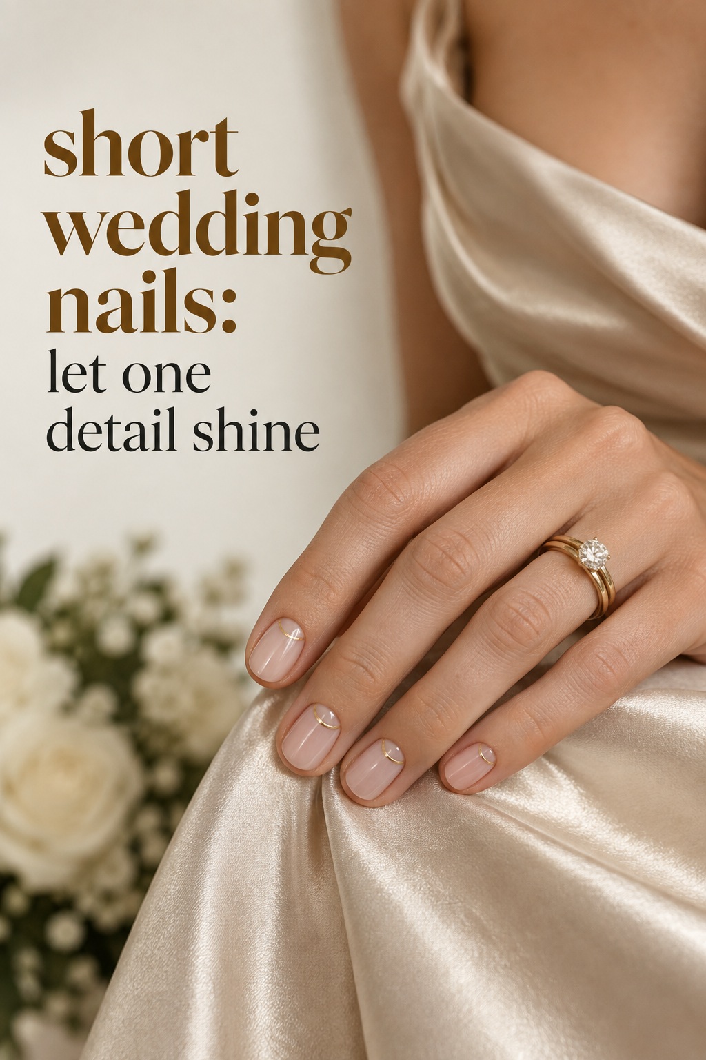 short wedding nails with a delicate gold reverse French line