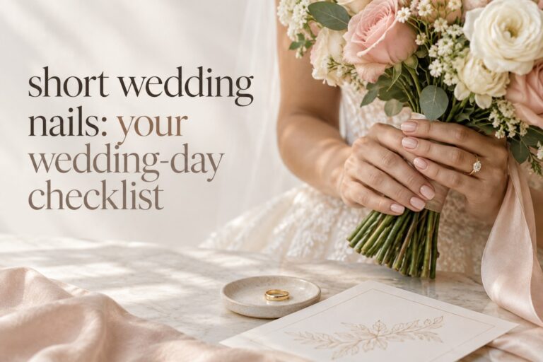 short wedding nails with a glossy neutral manicure and bridal bouquet