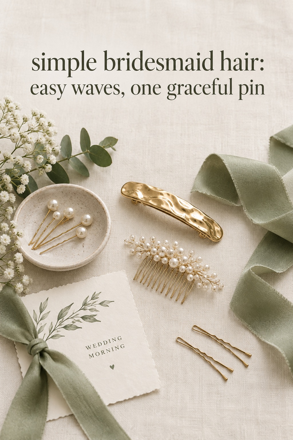 simple bridesmaid hair styling kit with pearl pins, ribbon, and a gold barrette