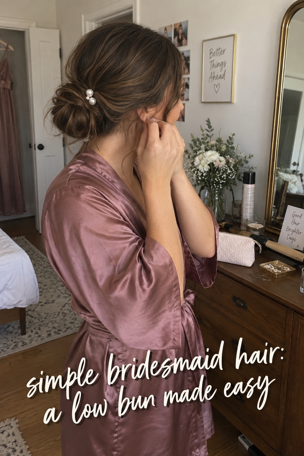 simple bridesmaid hair in a relaxed low bun with a pearl clip