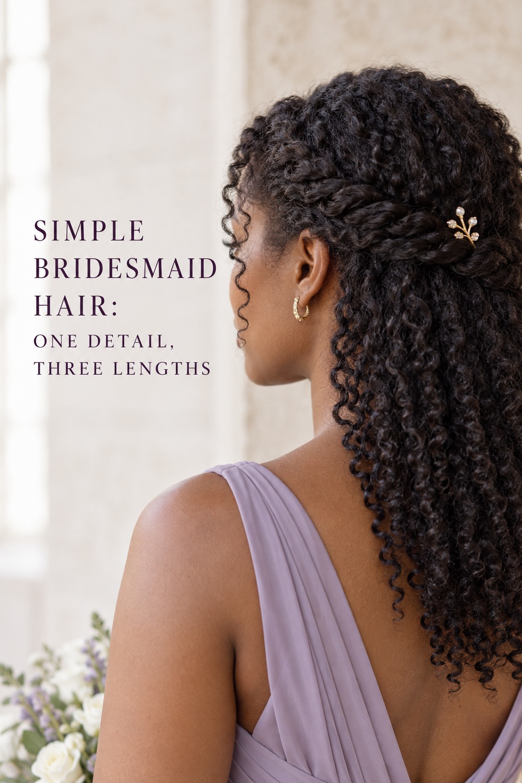 simple bridesmaid hair half-up twist styled with natural coily curls and a gold pin