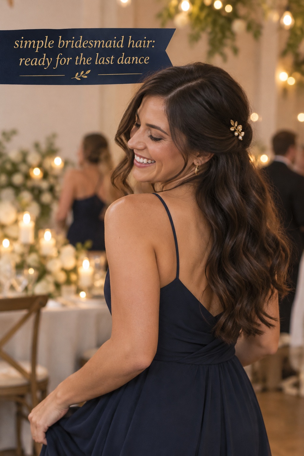 simple bridesmaid hair with long soft waves and a coordinated gold pin