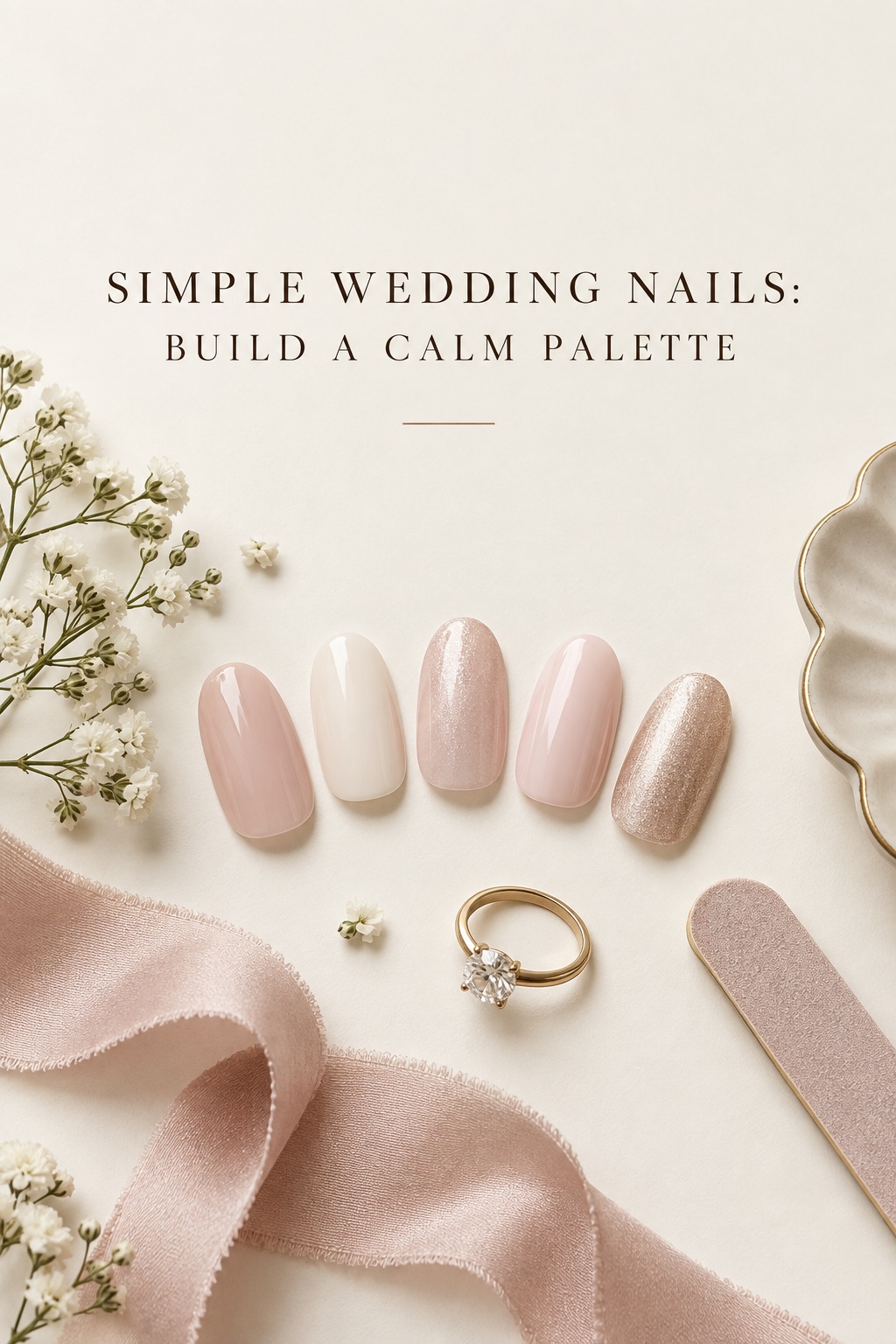 simple wedding nails palette with sheer pink milky white and pearl swatches