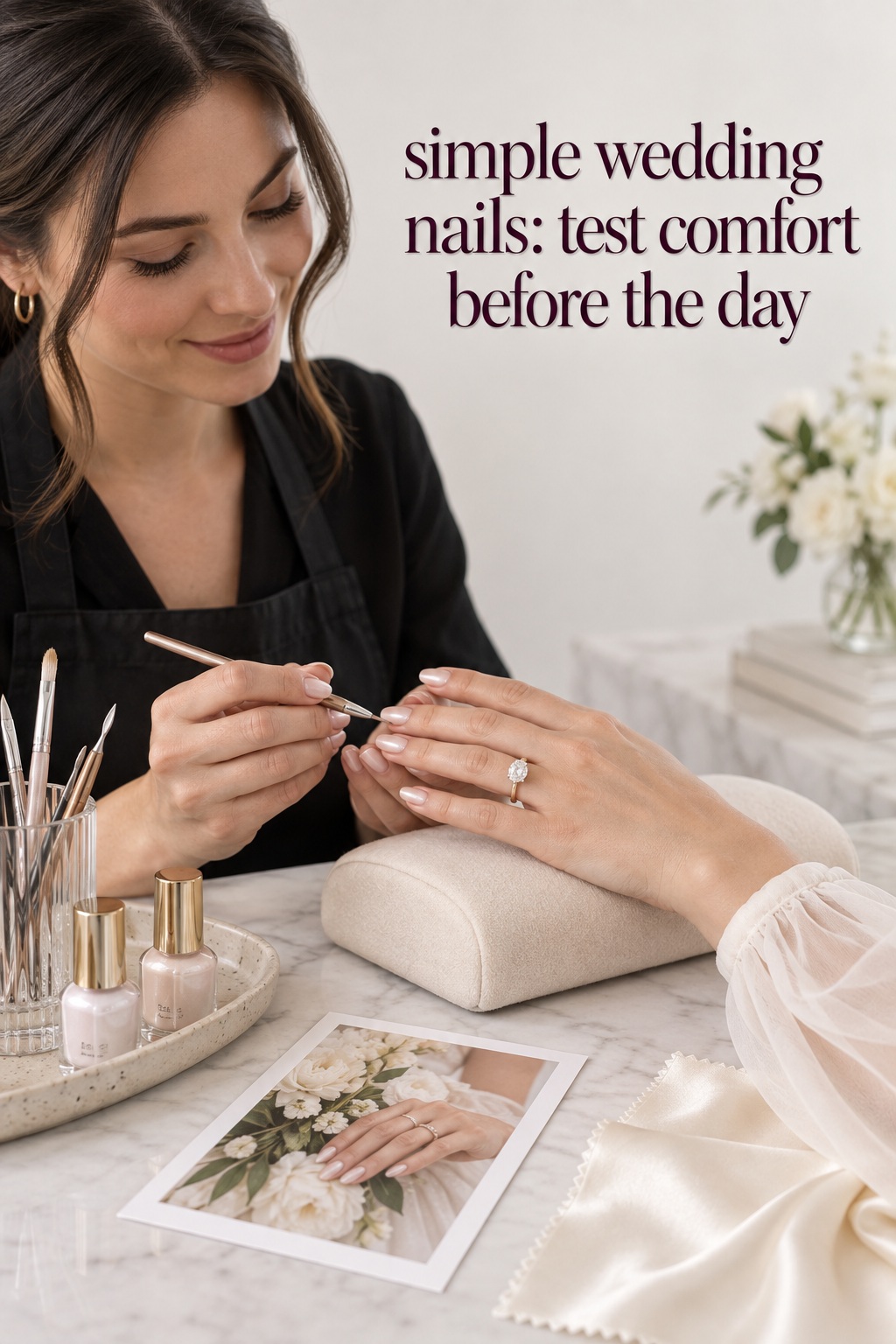 simple wedding nails salon consultation with milky pearl chrome manicure