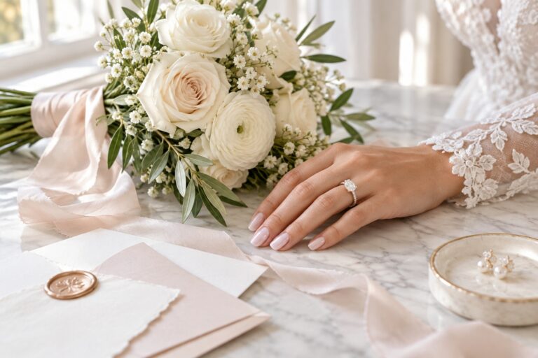 simple wedding nails with a sheer pink manicure beside an ivory bouquet and ring