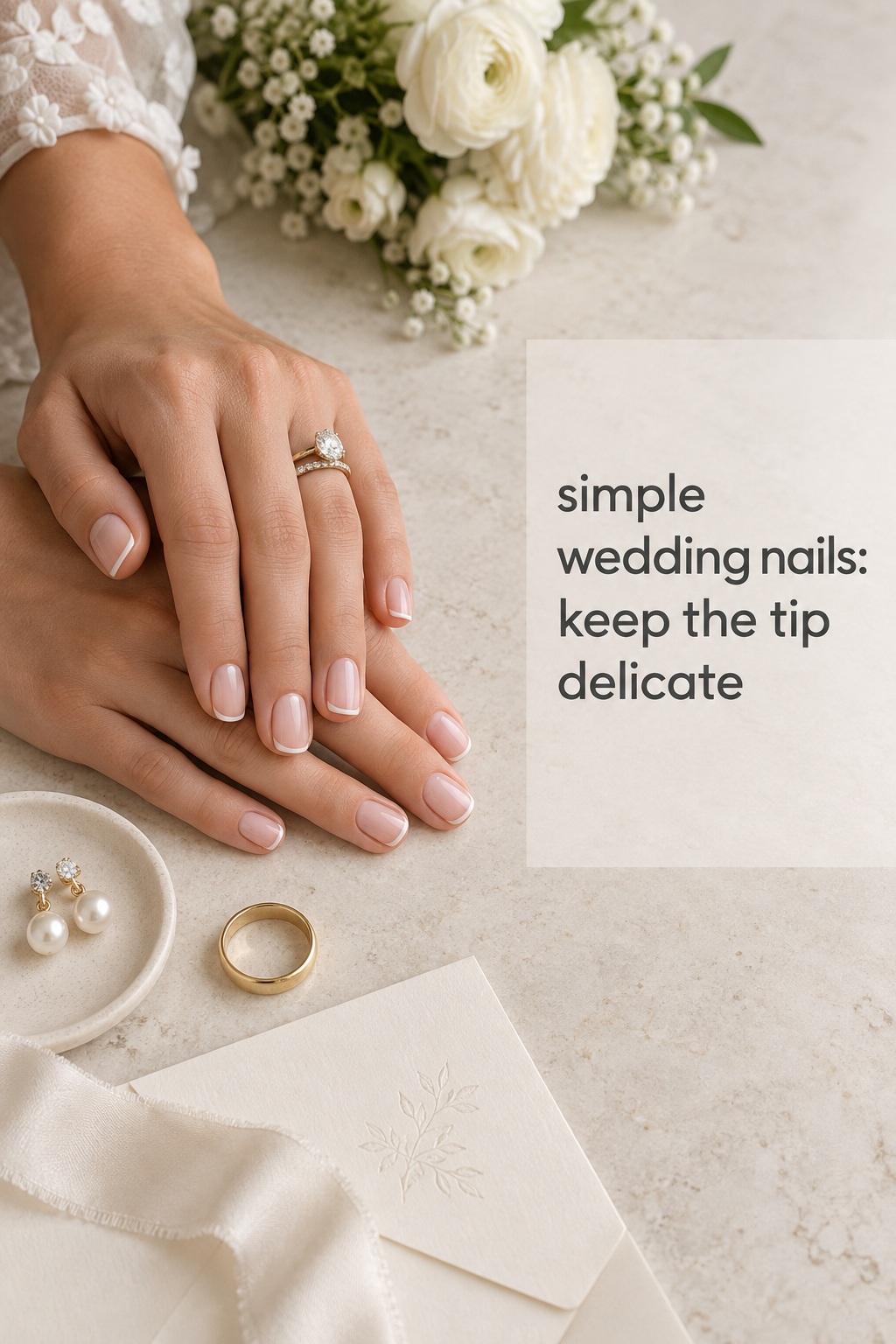 simple wedding nails with short squoval micro-French tips and wedding rings