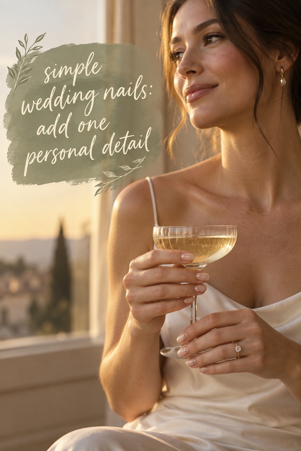 simple wedding nails with short almond nude nails and tiny gold details