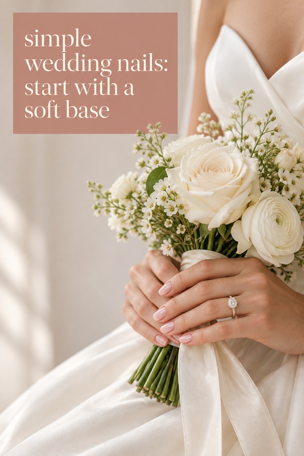 simple wedding nails with a sheer blush manicure and ivory bouquet