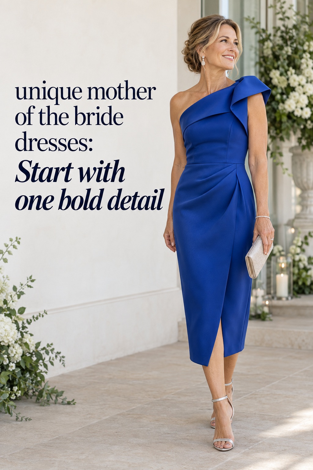 unique mother of the bride dresses in a cobalt one shoulder midi
