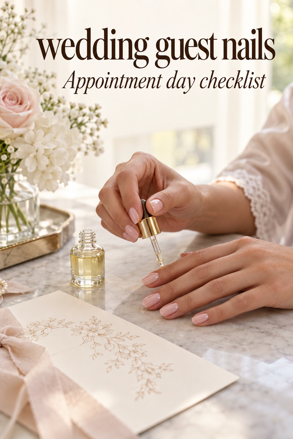 Wedding guest nails appointment checklist with cuticle oil, blush manicure and invitation