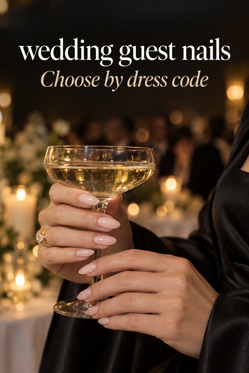 Wedding guest nails with a sheer pink micro French manicure at an evening reception