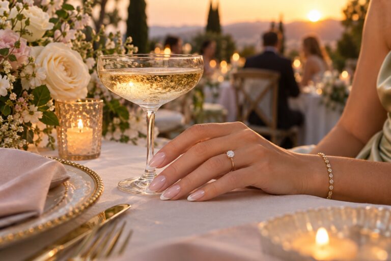 Wedding guest nails with a micro French manicure beside a champagne coupe at sunset reception