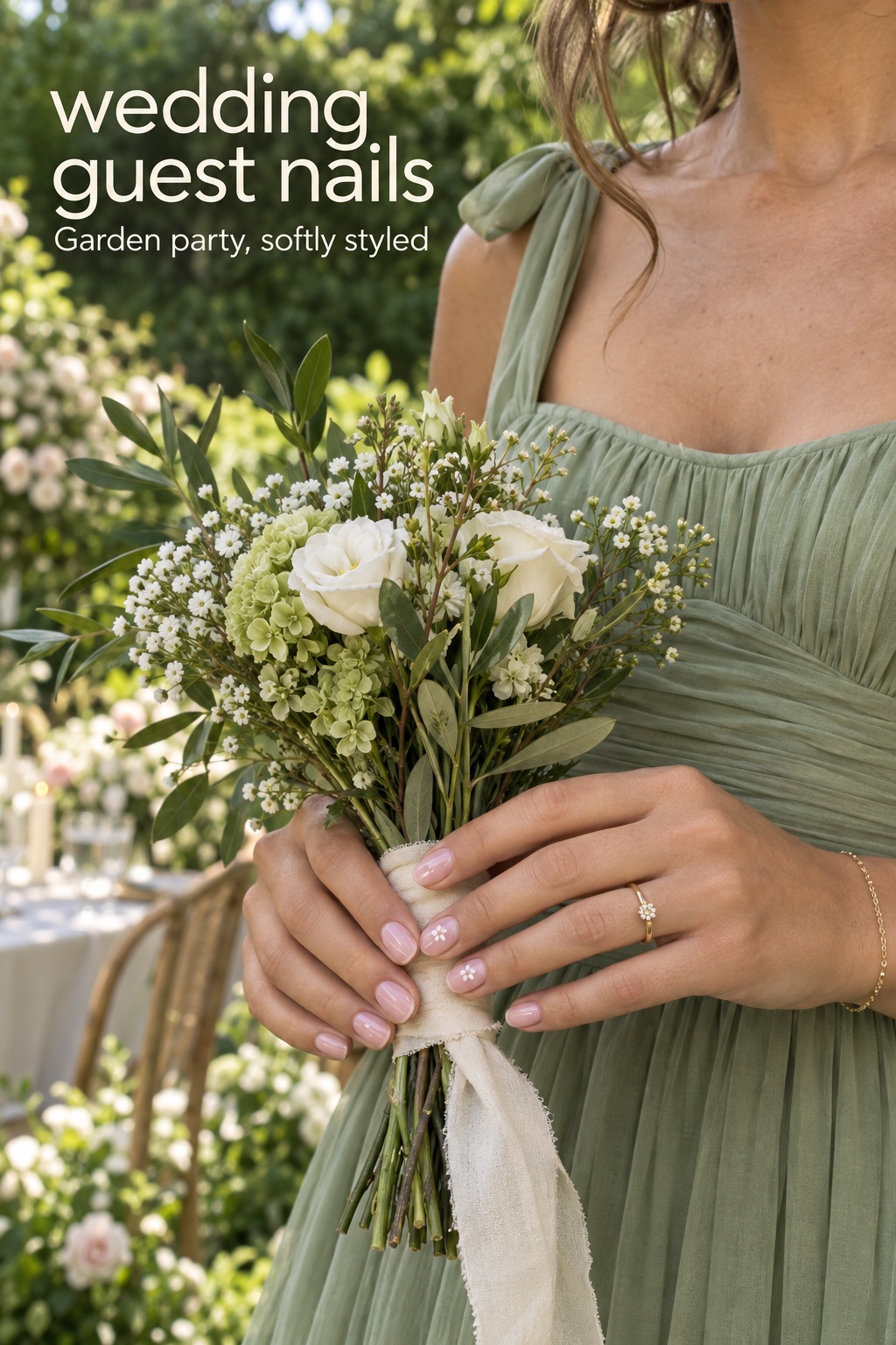 Wedding guest nails with tiny floral accents and a sage garden-party dress