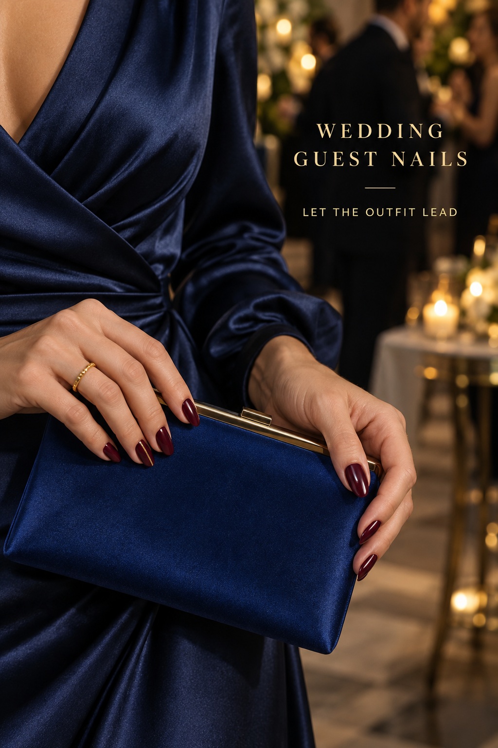 Wedding guest nails in deep berry paired with a navy satin dress and cobalt clutch