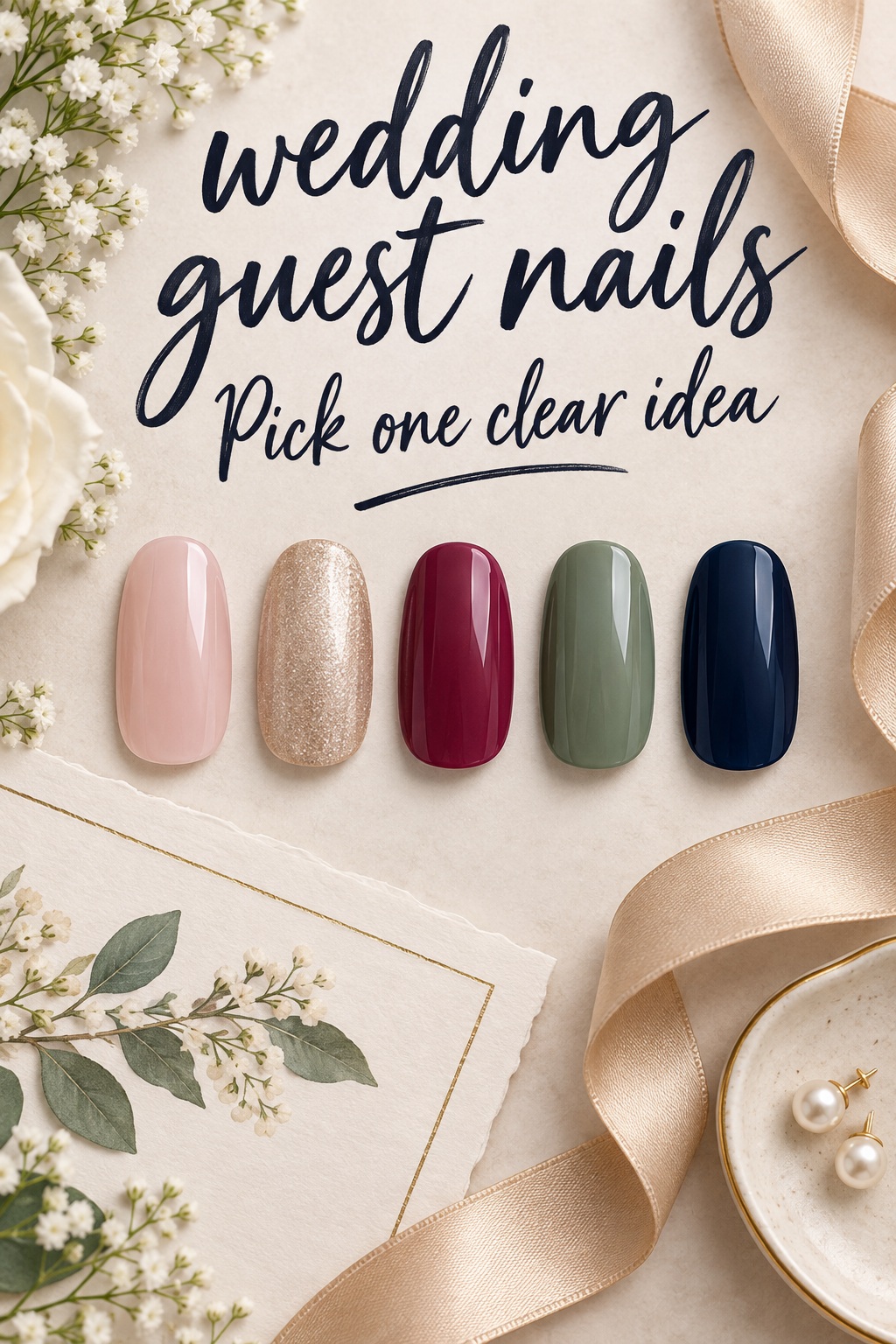 Wedding guest nails color palette with blush, champagne, berry, sage and navy nail swatches