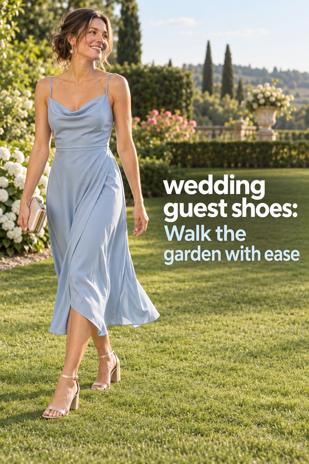 wedding guest shoes with champagne block heels for a garden wedding