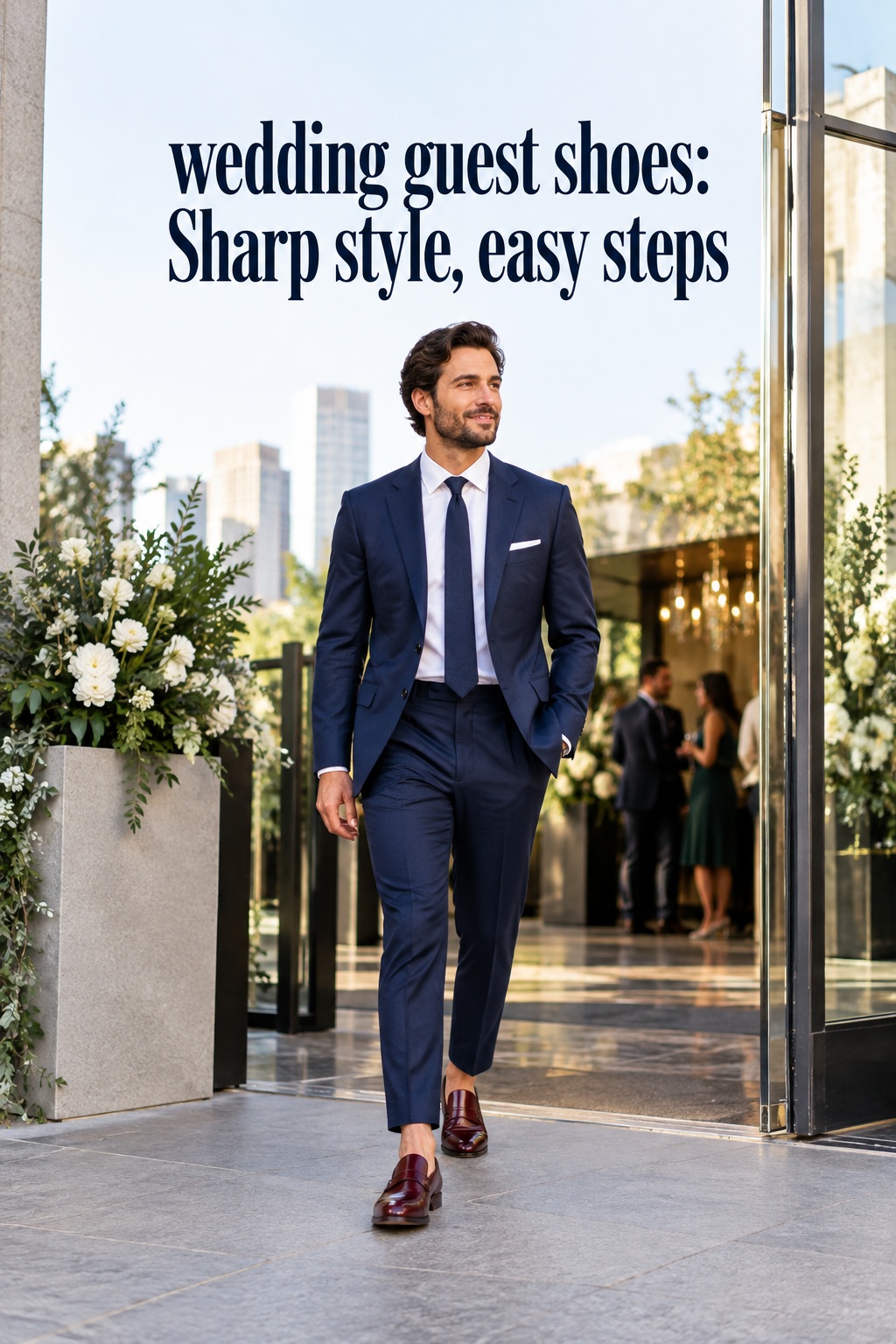 wedding guest shoes with polished burgundy loafers and a navy suit