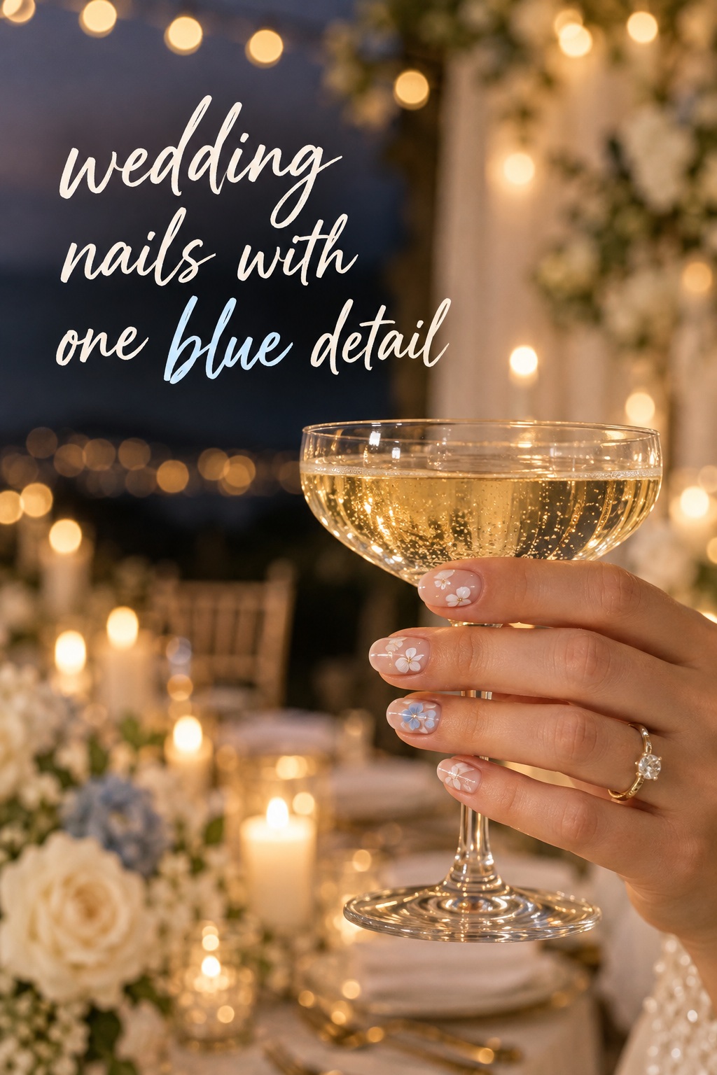 wedding nails with white flowers and one pale blue detail