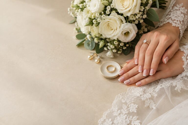 Wedding nails design with bouquet, ring, pearls, and ivory lace