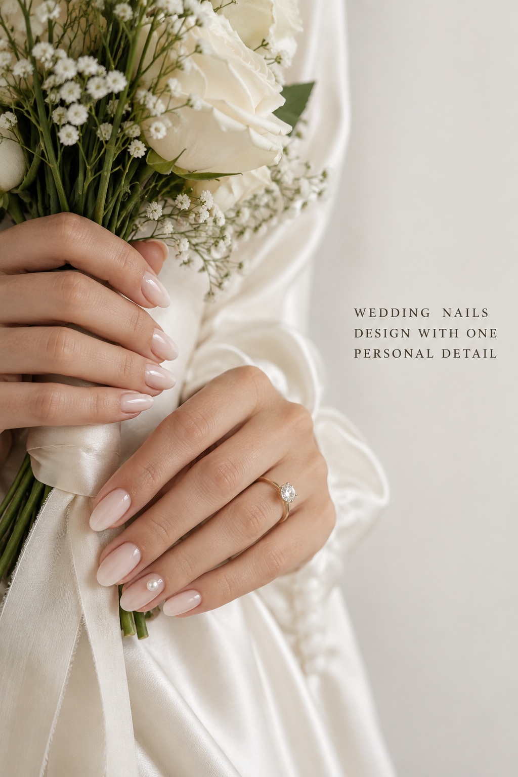 Wedding nails design with one pearl accent and bridal bouquet