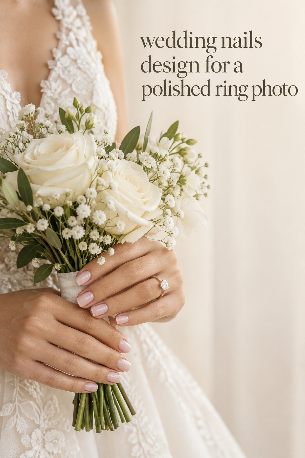 Wedding nails design with glossy sheer pink nails holding a bridal bouquet