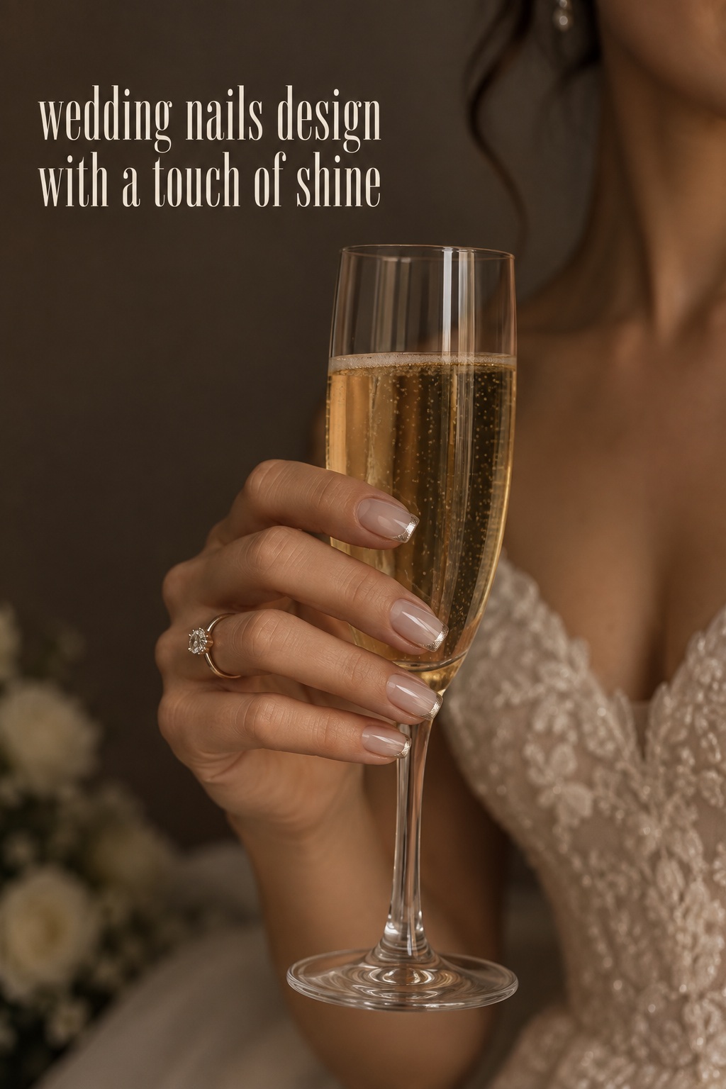 Wedding nails design with champagne tips and glossy bridal finish