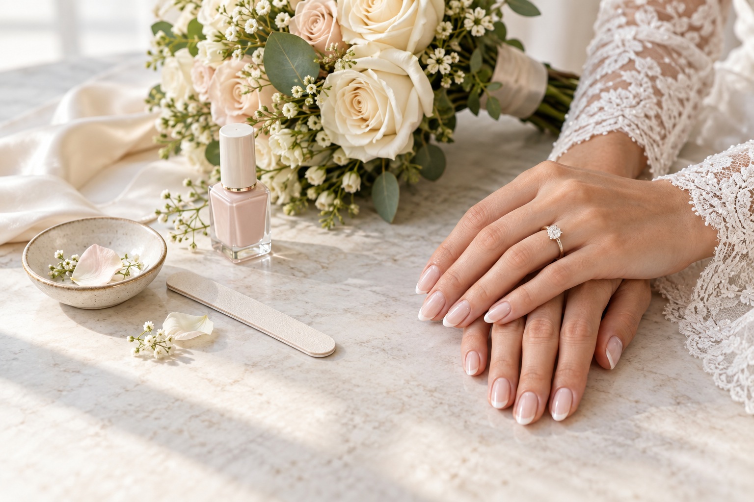 wedding nails planned beside a bridal bouquet and manicure tools