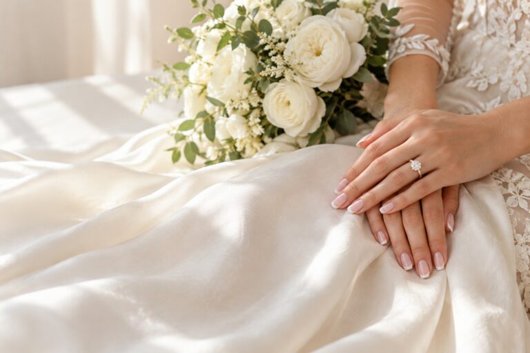 Wedding nails for bride classy bridal manicure with bouquet and ivory silk