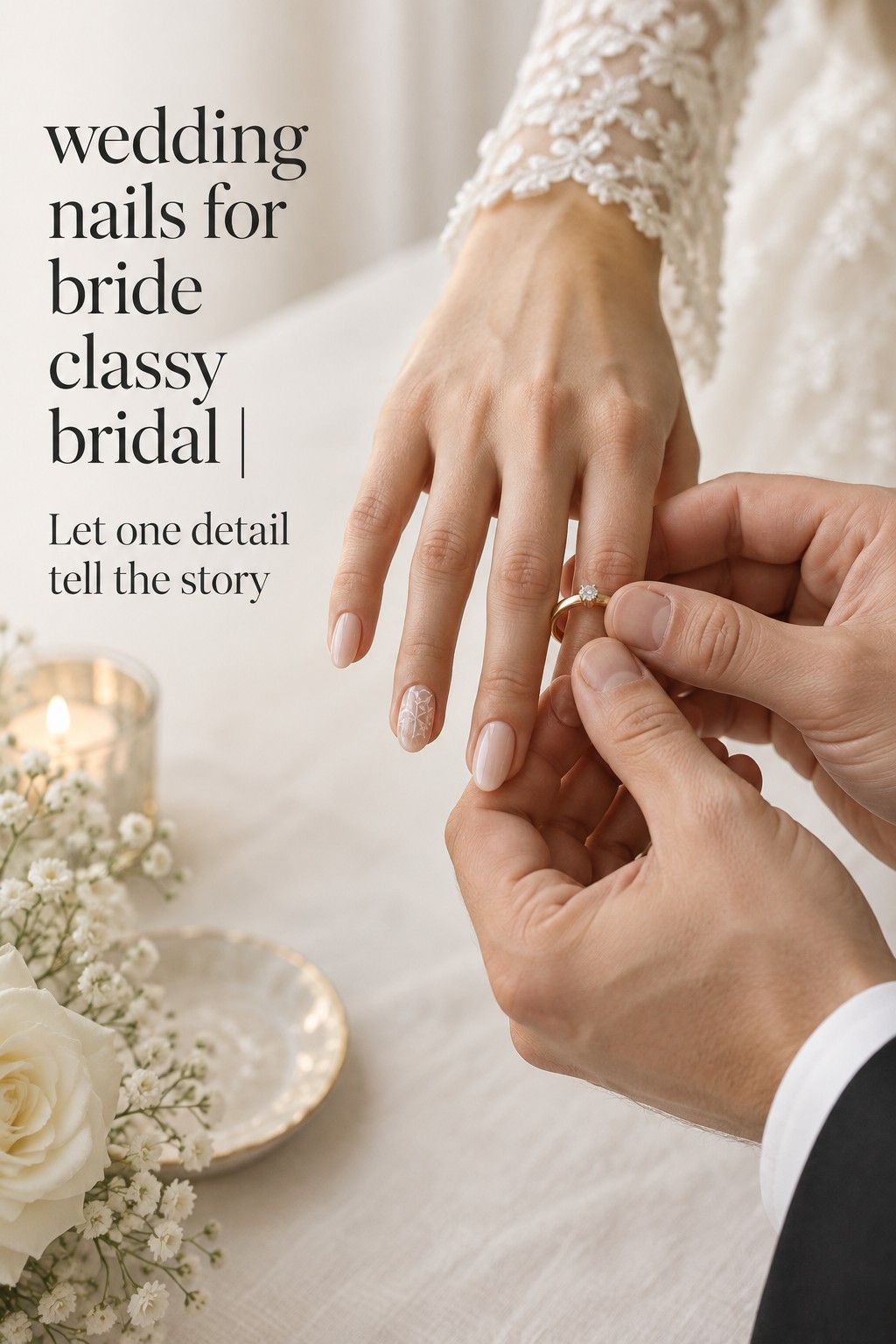 Wedding nails for bride classy bridal lace accent on a sheer blush manicure