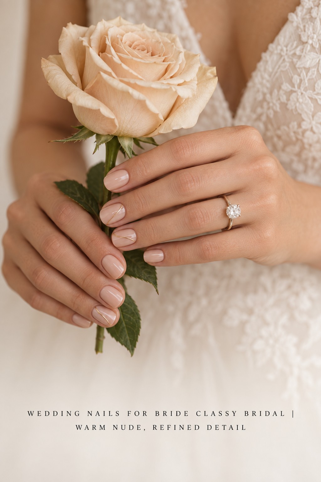 Wedding nails for bride classy bridal warm nude manicure with fine gold lines