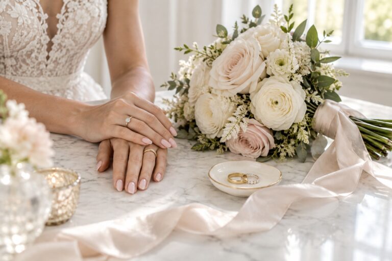 wedding nails for bride with a soft blush manicure beside bouquet and rings