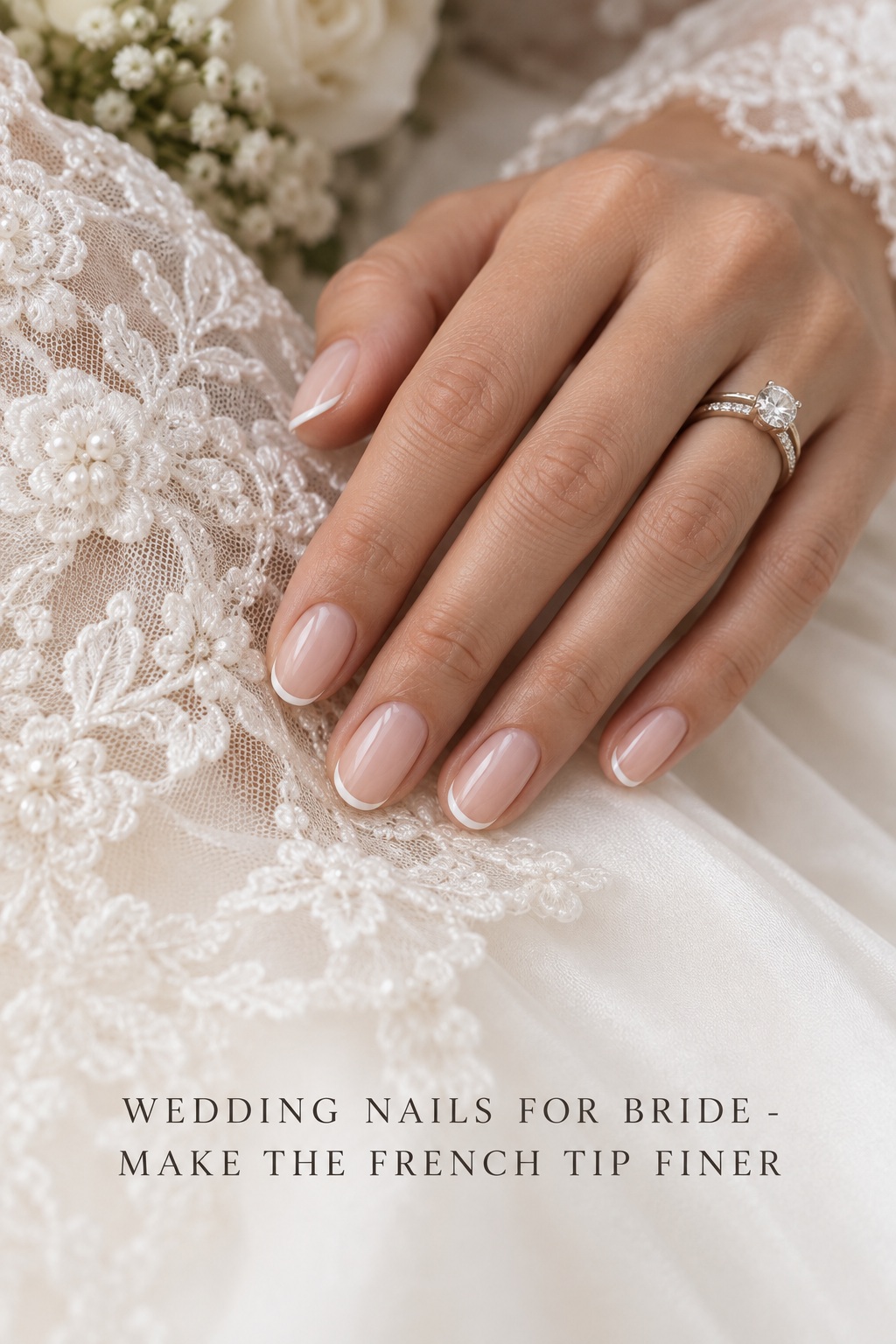 wedding nails for bride with a fine ivory French tip beside bridal lace