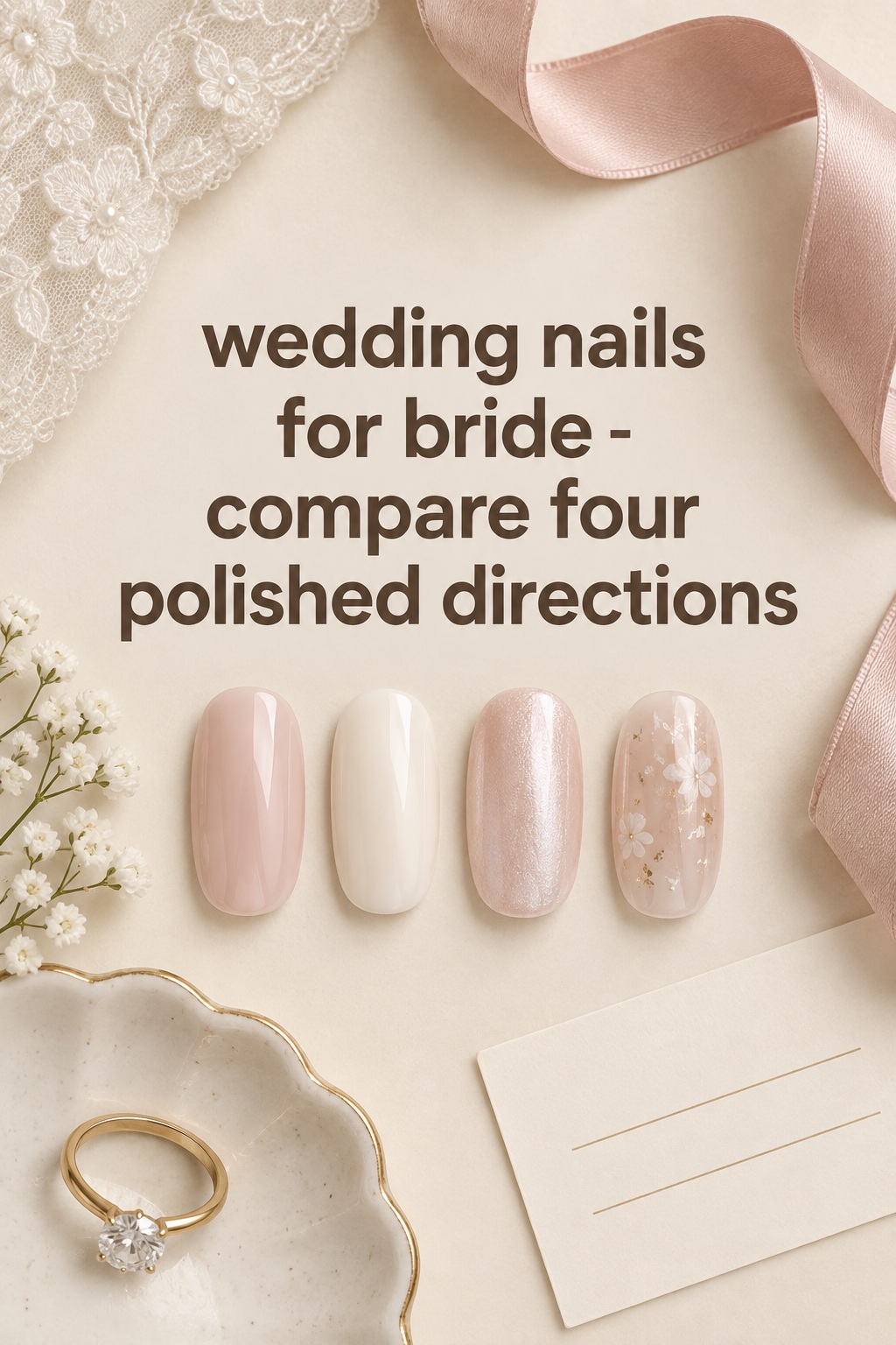 wedding nails for bride Pinterest-flat palette comparing four bridal manicure directions