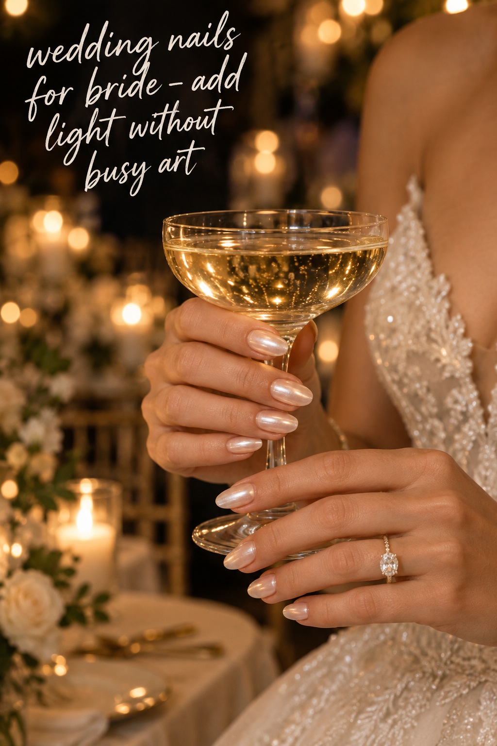 wedding nails for bride with a soft pearl chrome manicure at an evening reception