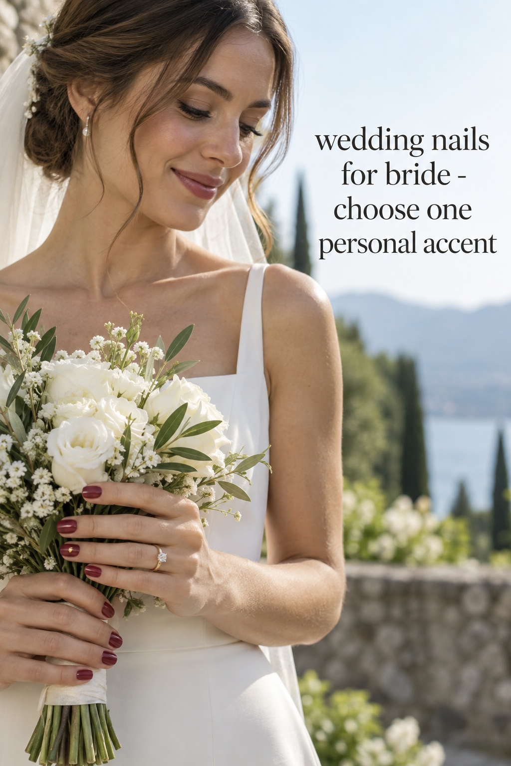 wedding nails for bride with a muted berry manicure and one gold accent