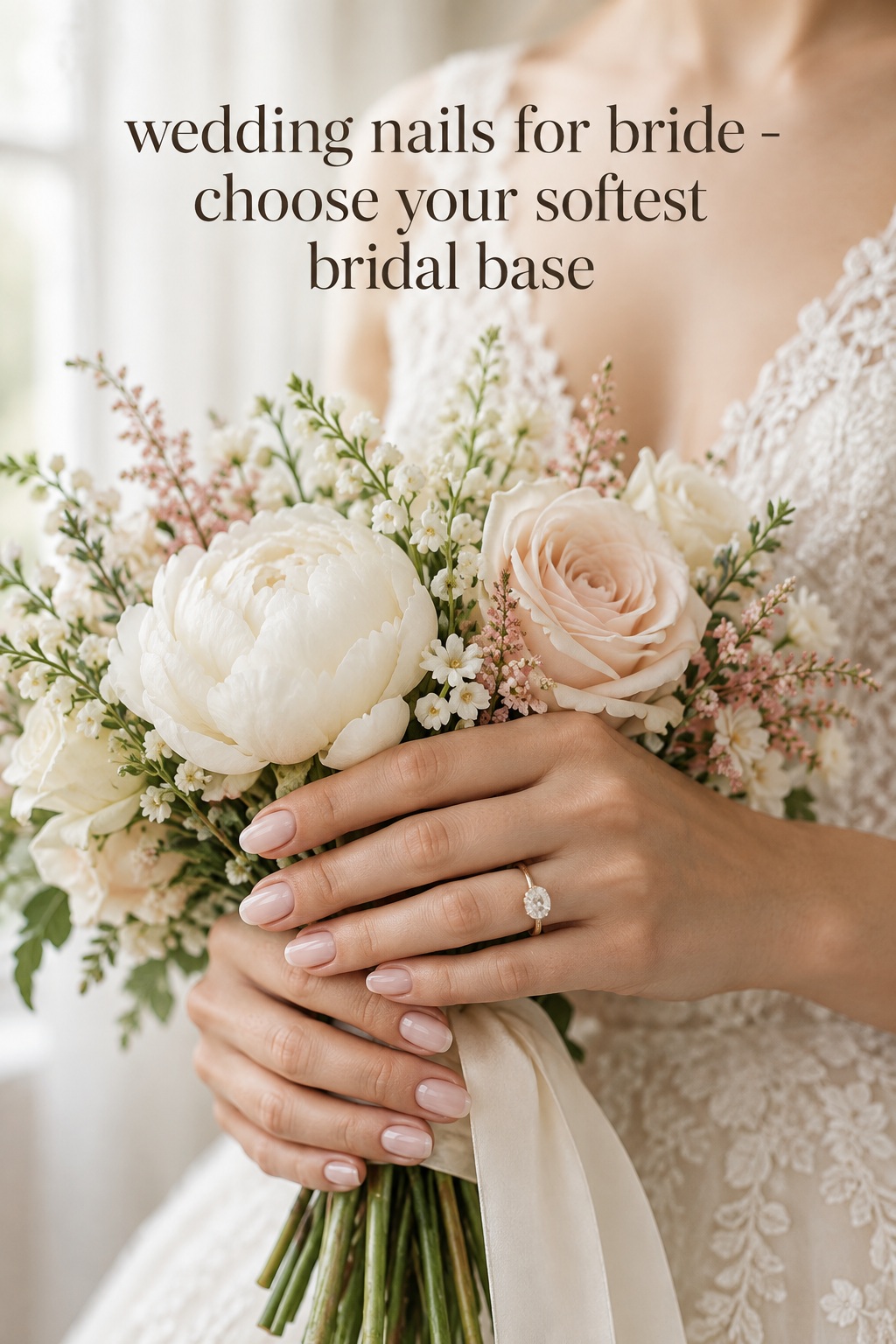 wedding nails for bride with a sheer blush manicure beside an ivory bouquet