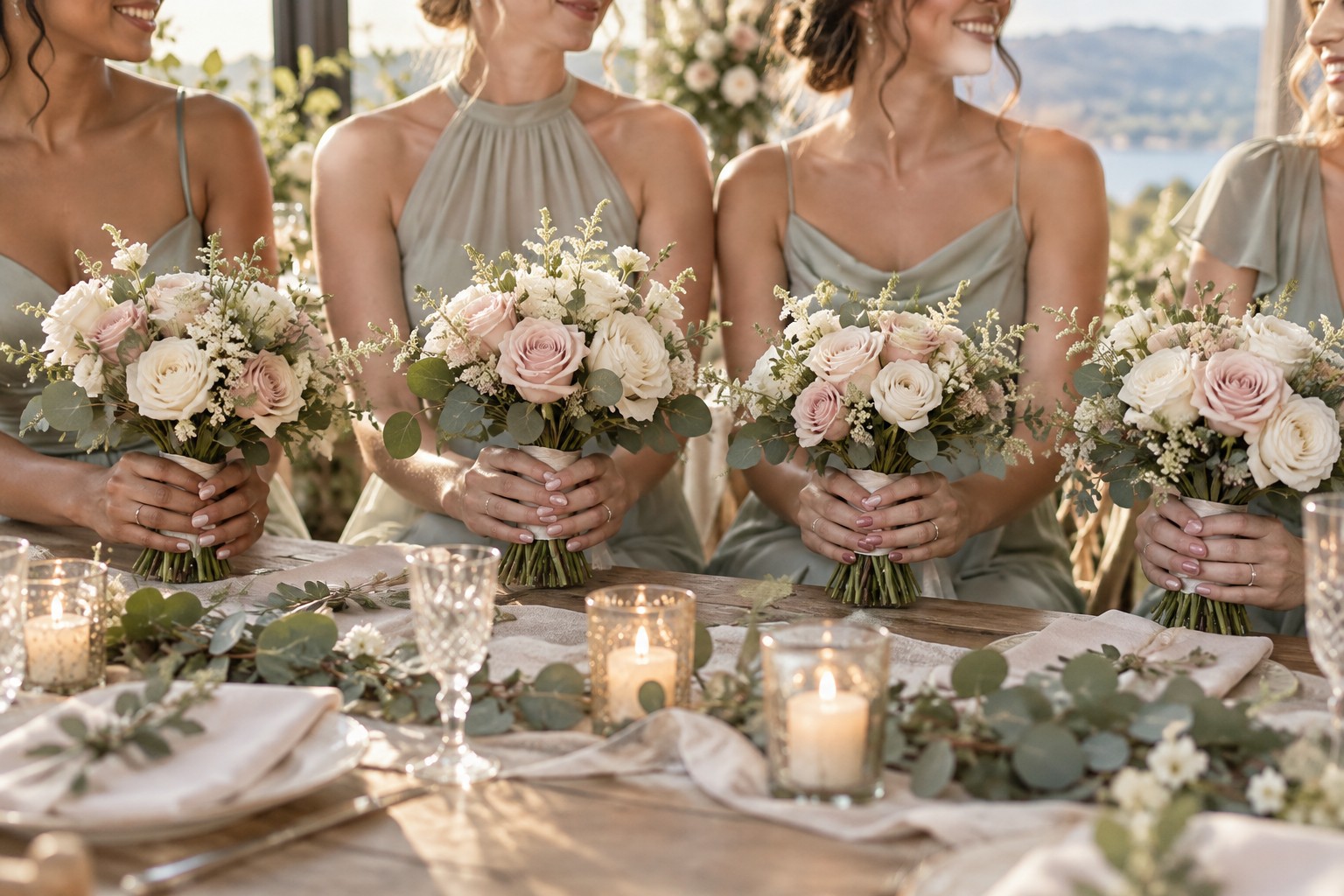 wedding nails for bridesmaids with coordinated bouquets at a luminous reception table