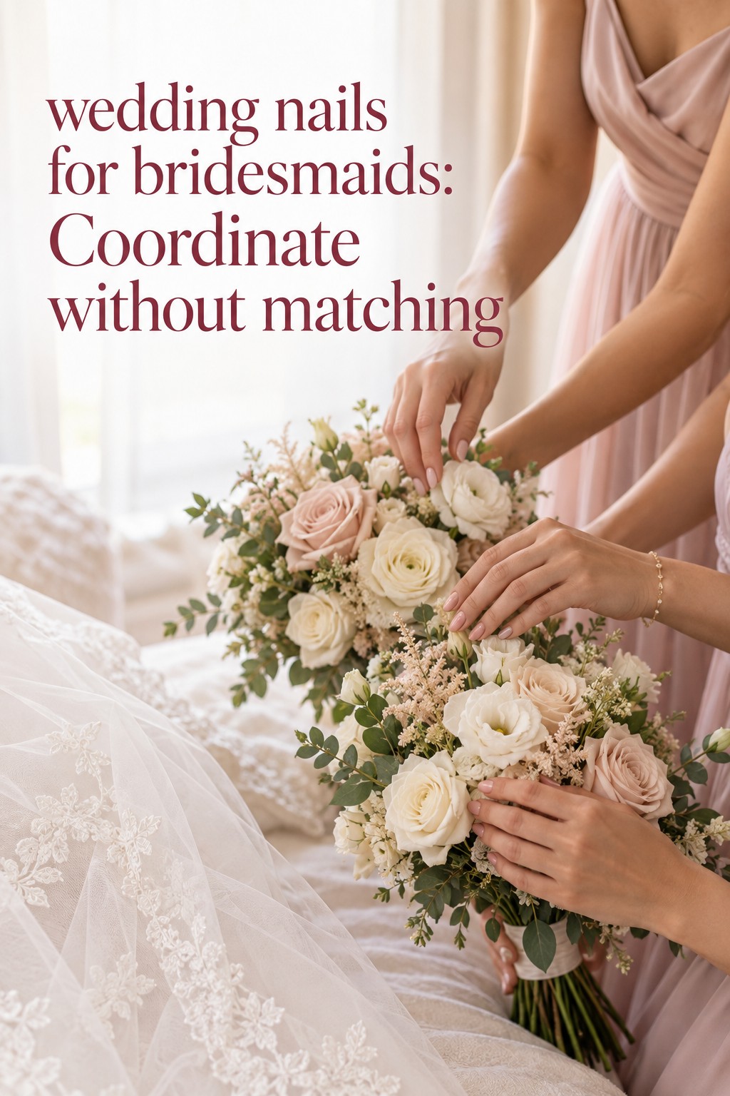 wedding nails for bridesmaids in soft pink getting-ready moment