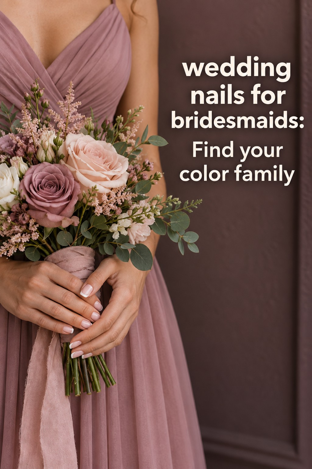 wedding nails for bridesmaids with coordinated mauve bouquet and French tips