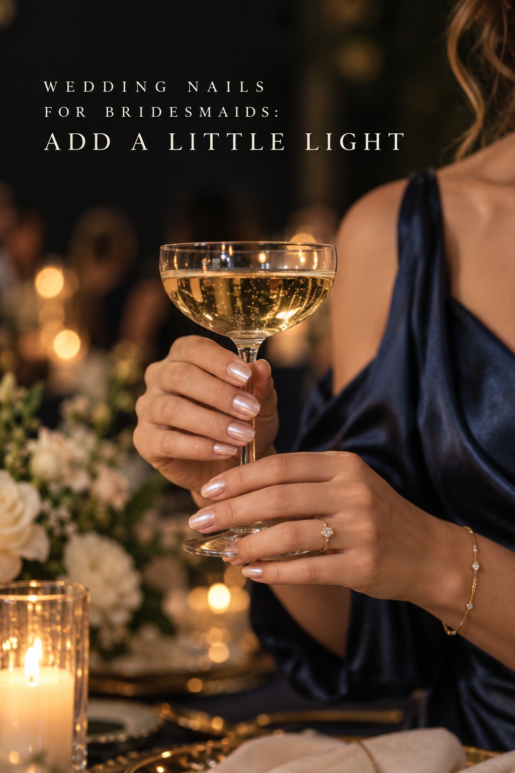 wedding nails for bridesmaids with pearl chrome manicure at candlelit reception