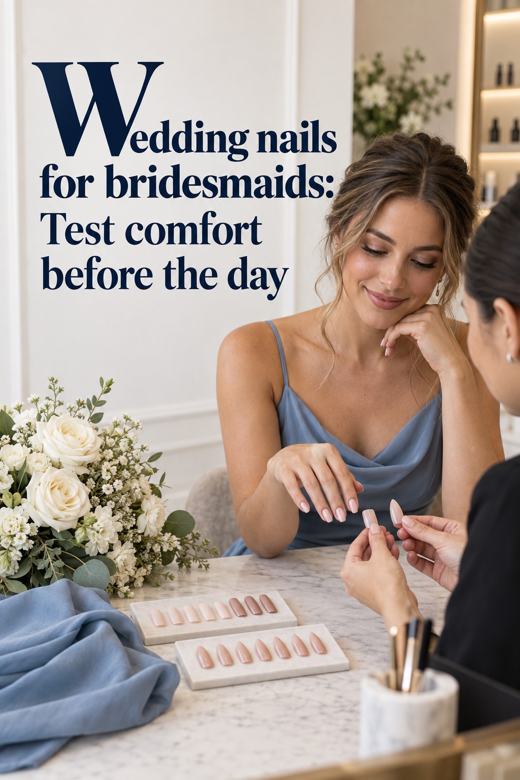 wedding nails for bridesmaids salon consultation with bouquet and blue dress swatch