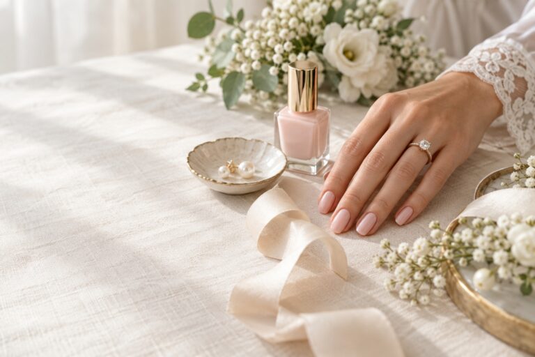 wedding nails ideas bridal manicure capsule with blush polish, pearls, and flowers