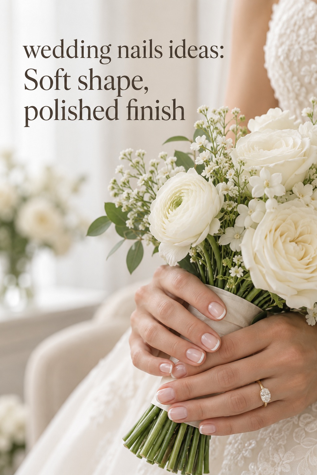 wedding nails ideas with short milky French tips and an ivory bouquet