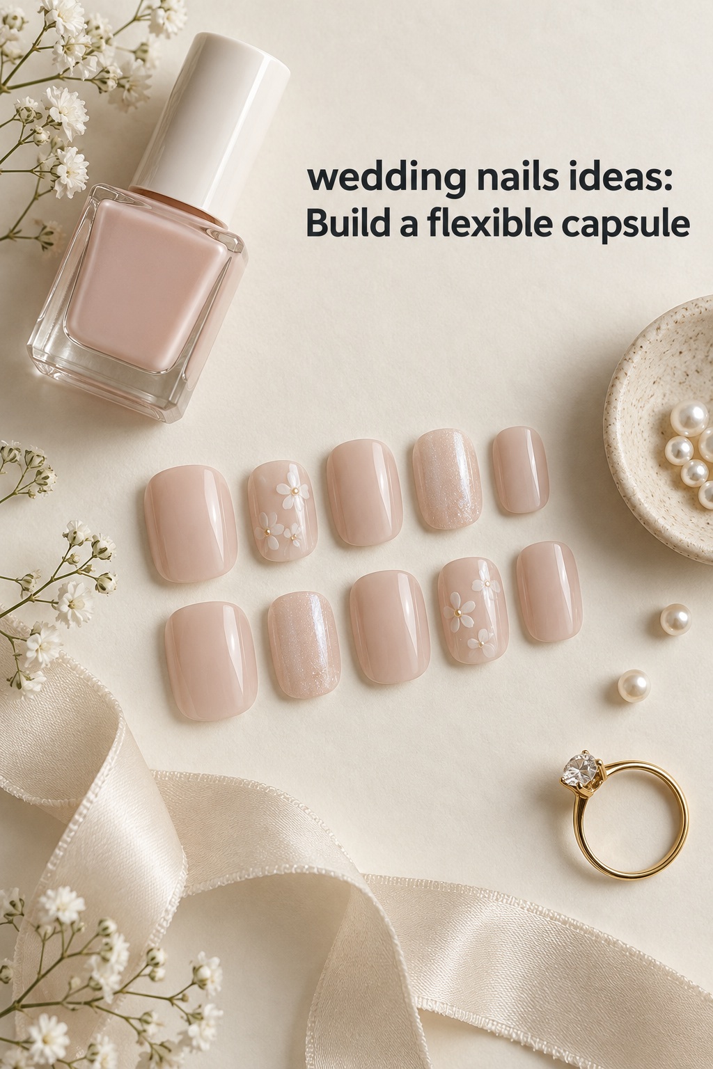 wedding nails ideas capsule with blush polish, pearl accents, and nail samples
