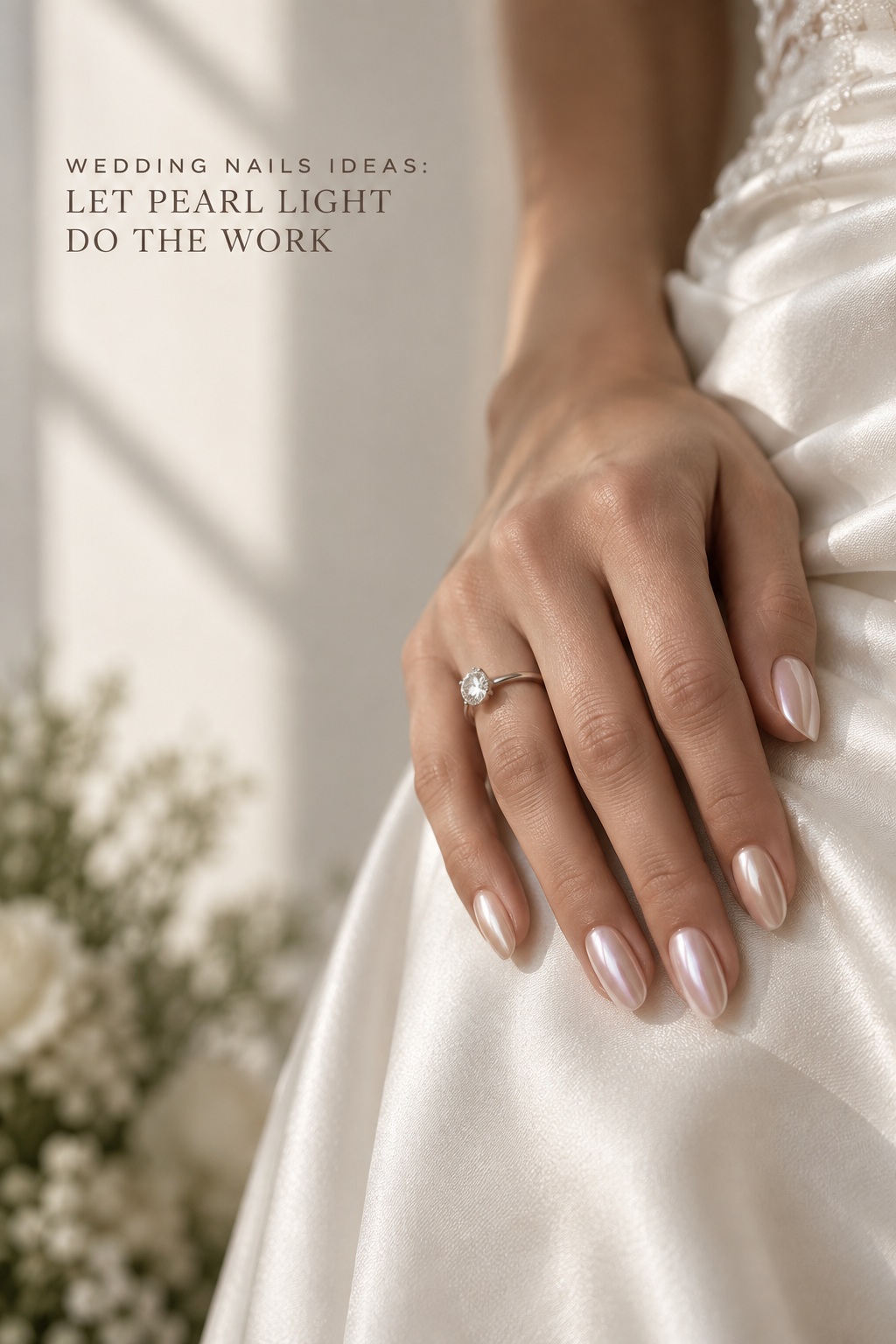 wedding nails ideas with almond pearl chrome nails beside a satin bridal gown