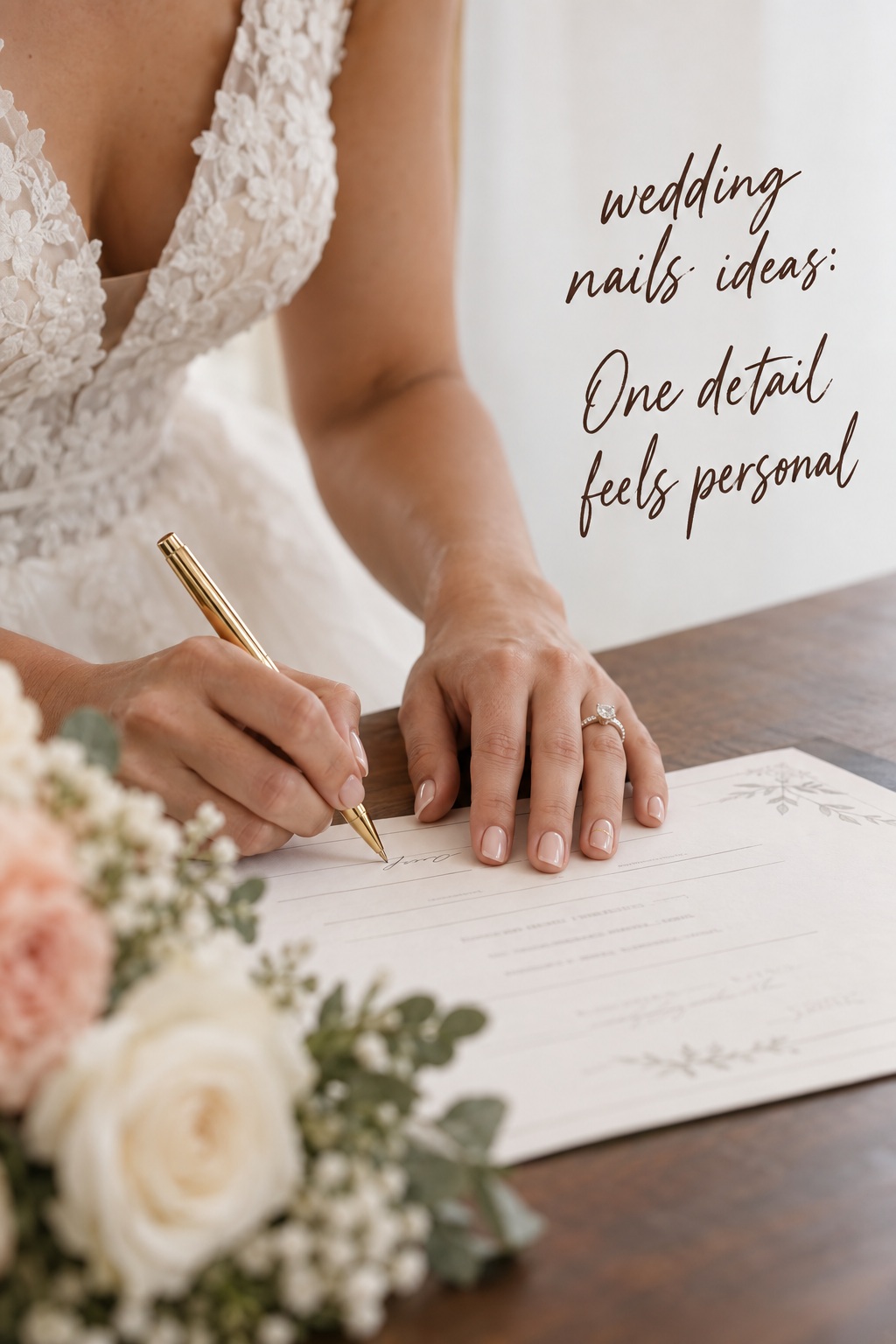 wedding nails ideas with short nude nails and one fine gold accent at a ceremony table