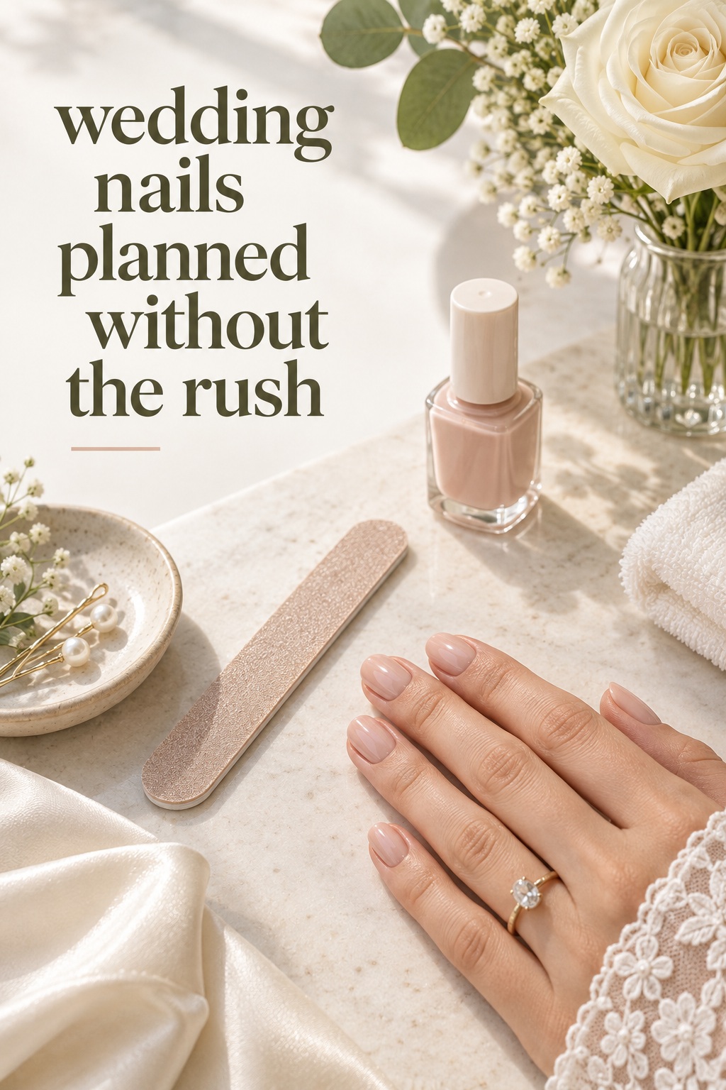 wedding nails planned with warm nude polish and bridal tools