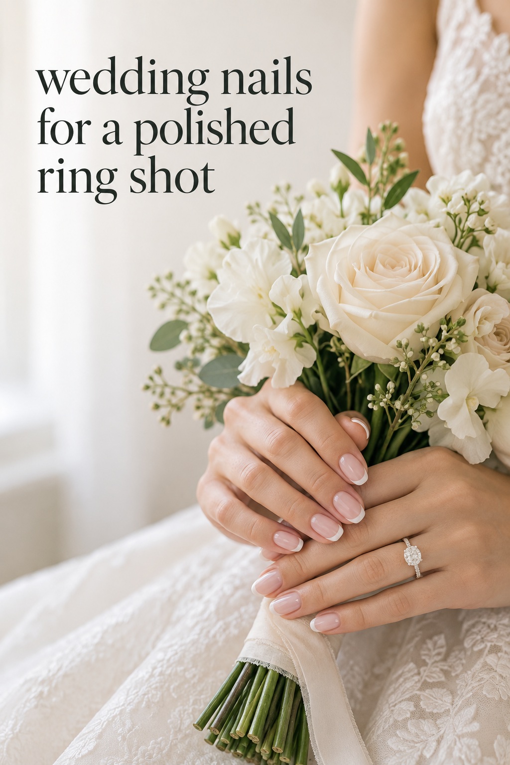 wedding nails with soft French tips for a polished ring shot