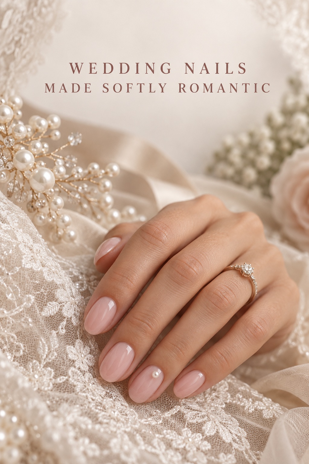 wedding nails with a glossy pink base and pearl accent